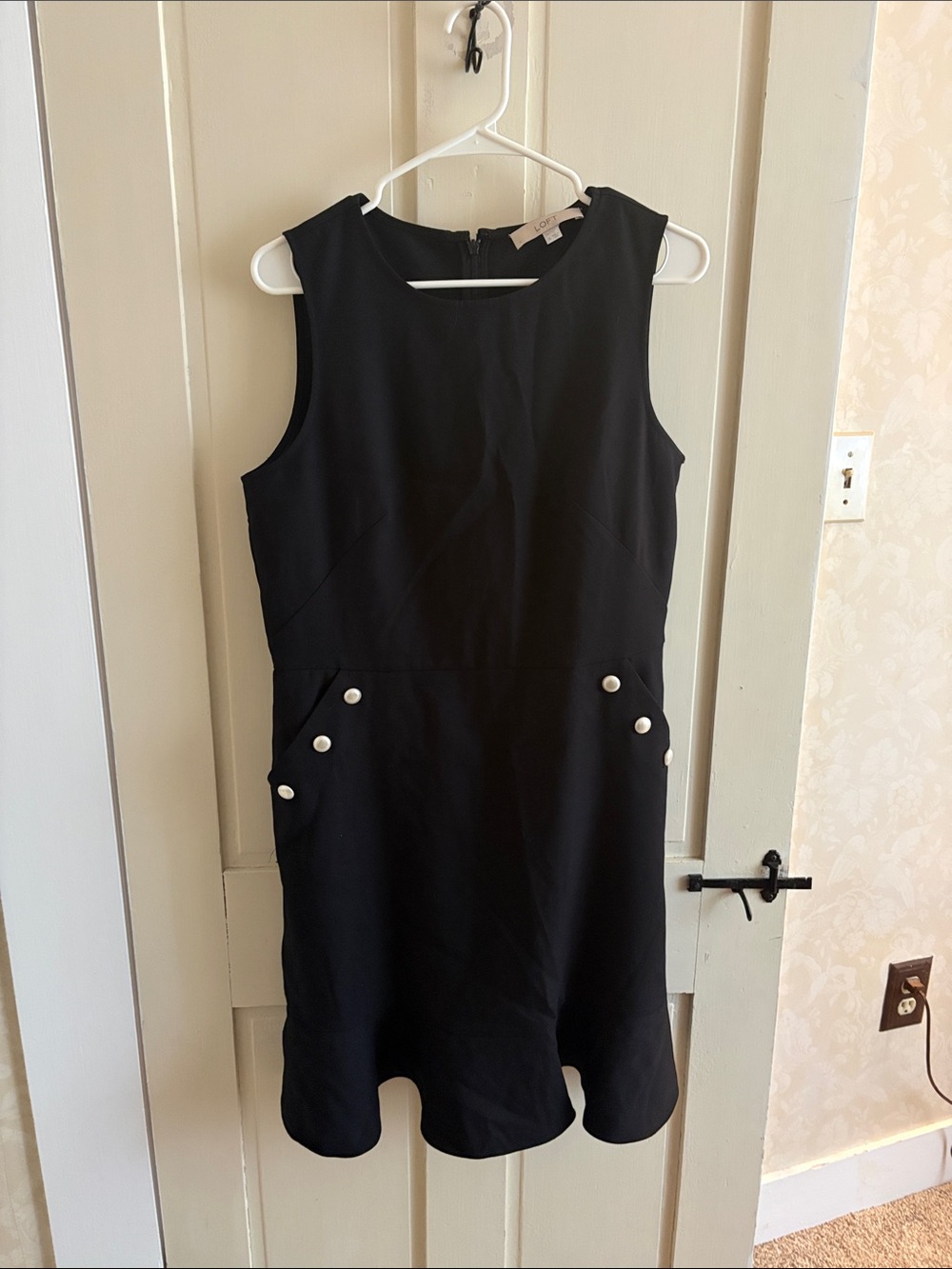 LOFT Black Sleeveless Shift Dress with Pearl Accent Buttons